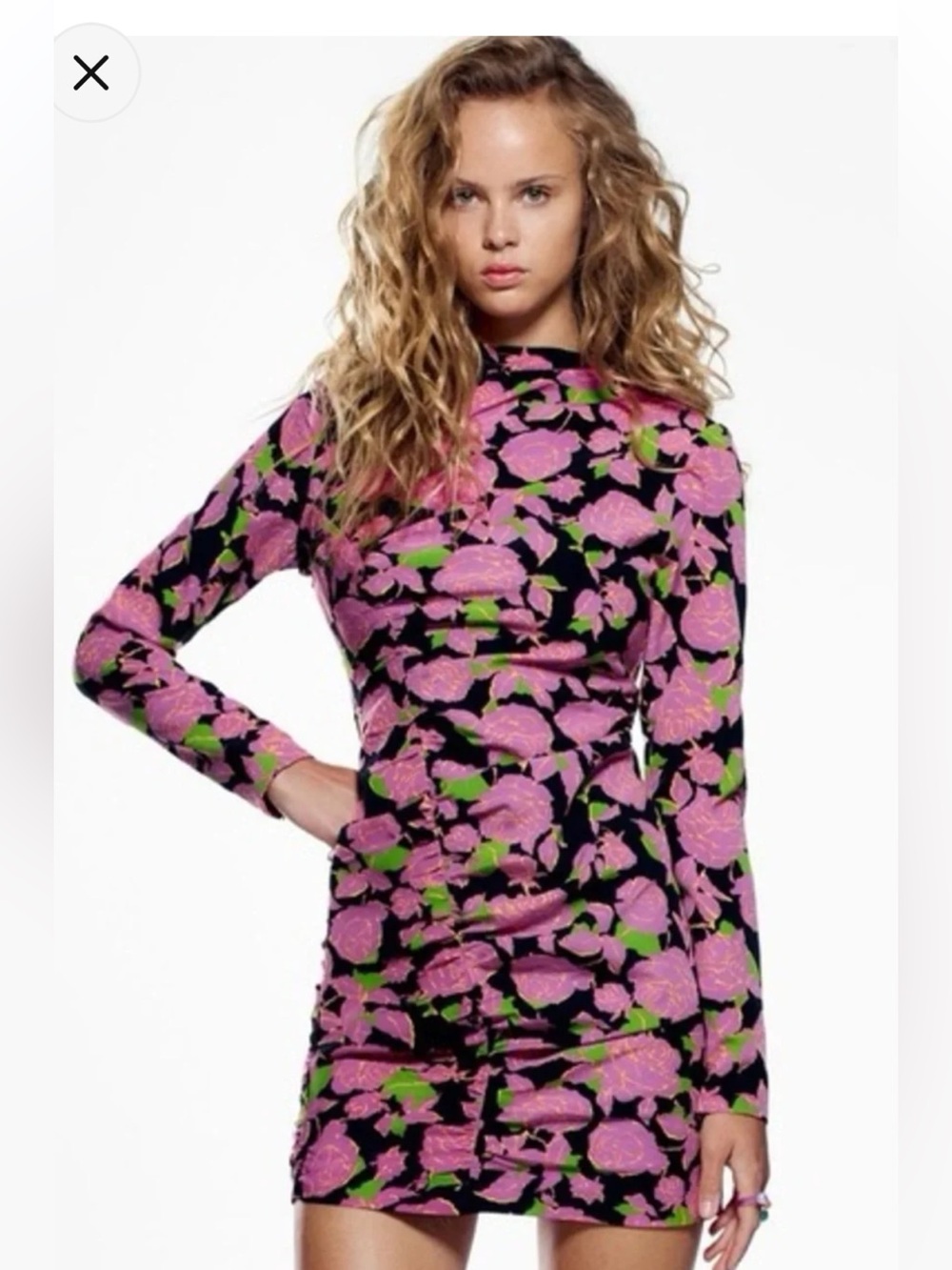 Zara Long-Sleeve Rushed Floral Mini Dress